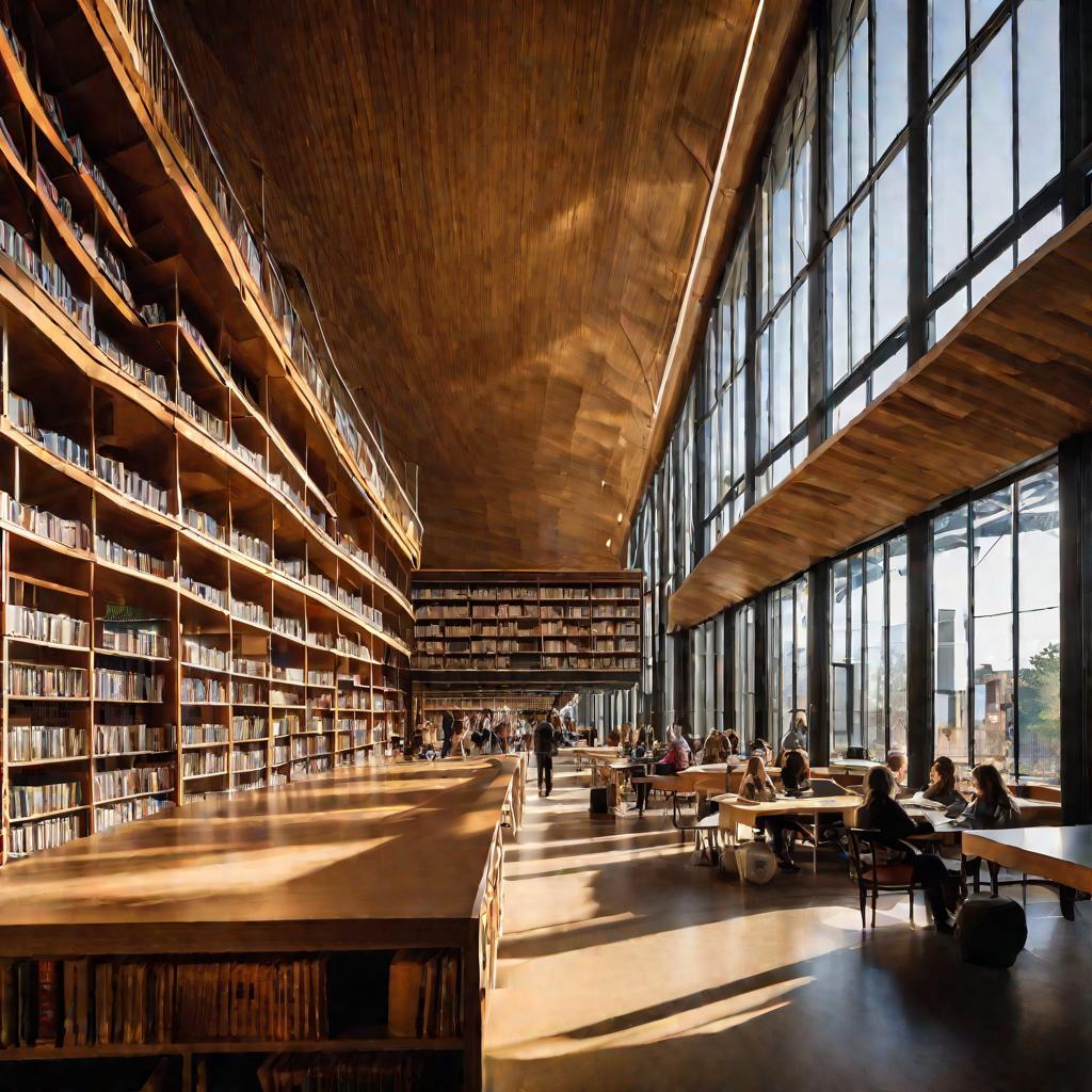 Современная библиотека с деревянными книжными полками, столами и людьми, читающими книги в теплых вечерних лучах света из больших окон слева.