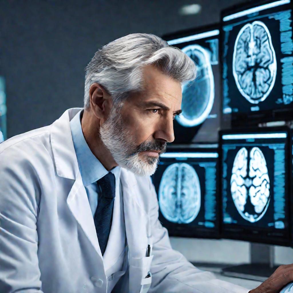 Портрет опытного седого доктора в белом медицинском халате за футуристическим сенсорным экраном, на котором он просматривает результаты МРТ головного мозга пациента. Сосредоточенное выражение лица и поза передают глубокий профессионализм.