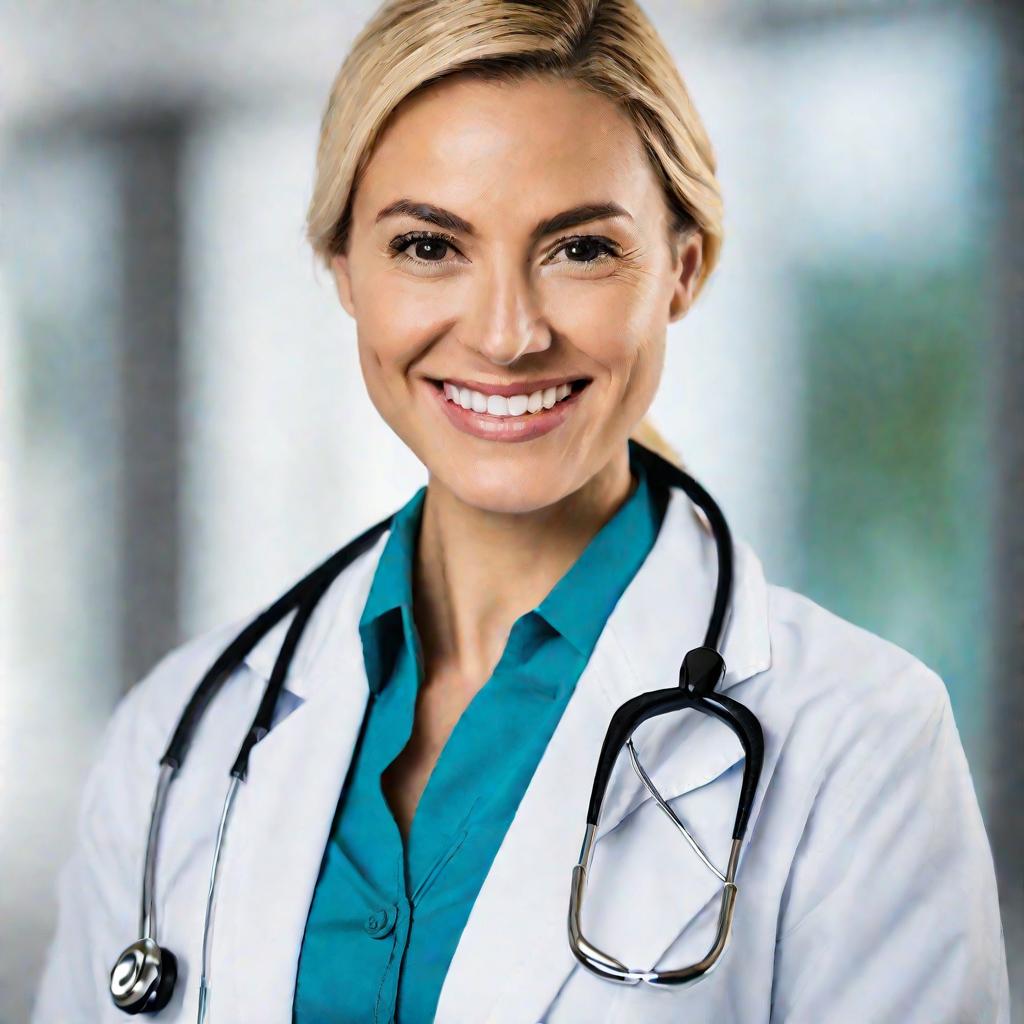 Портрет улыбающейся женщины-врача в белом халате