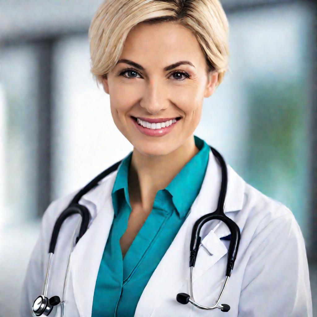 Крупный портрет улыбающейся женщины-врача в белом халате на фоне современного медицинского кабинета