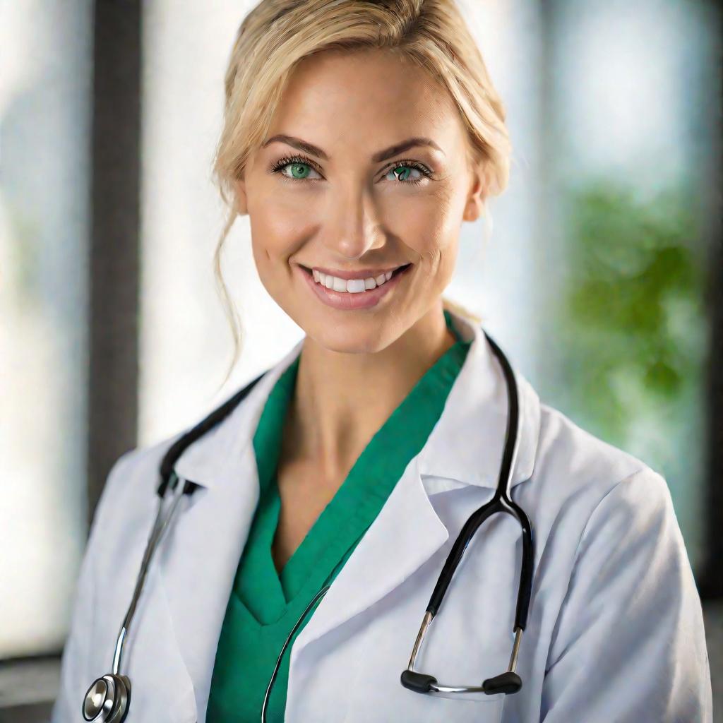 Портрет женщины-врача в белом халате, в стетоскопе. У нее блондинистые волосы, собранные в пучок, зеленые глаза и дружелюбная улыбка. Мягкий теплый свет от окна создает естественное освещение на ее лице.