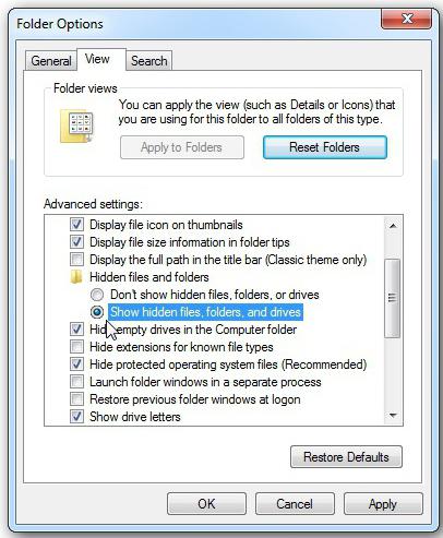 windows 7 показывать скрытые файлы и папки