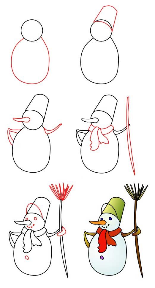 нарисовать снеговика карандашом