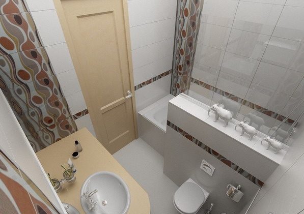 необычный дизайн маленького туалета совмещенного с ванной