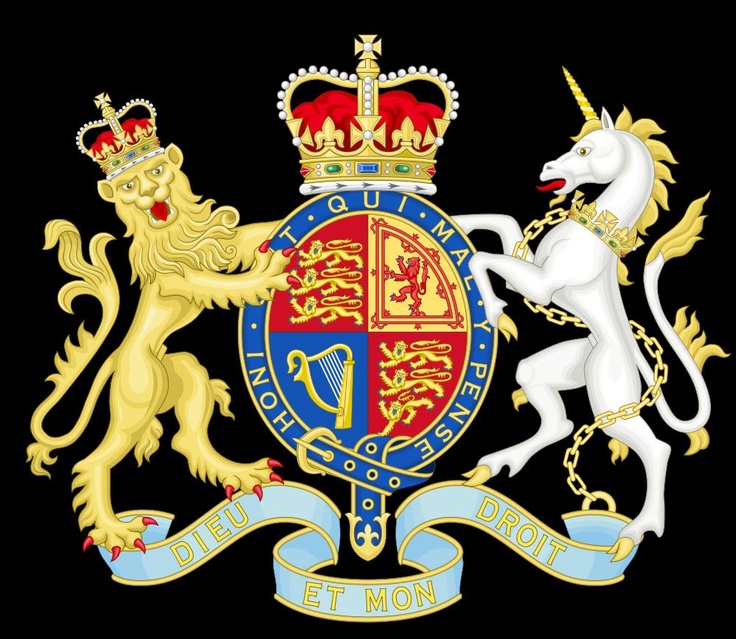 Британский герб со львом и единорогом.