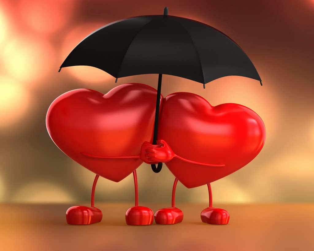 Два нарисованных сердца под одним зонтом