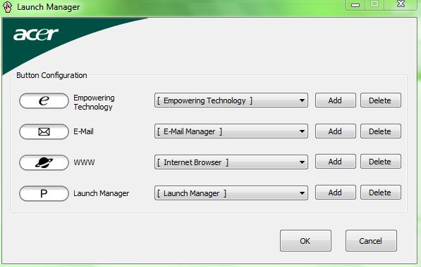 Настройки сайтов, почты и программ в приложении Acer Launch Manager