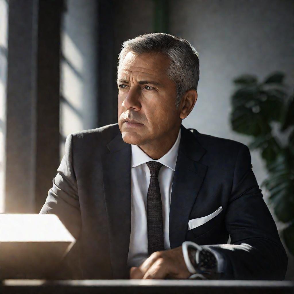 Портрет мужчины средних лет в костюме, сидящего за офисным столом