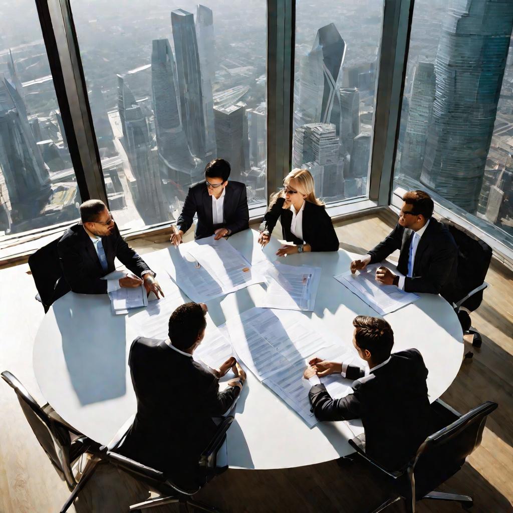 Вид сверху на группу людей в деловой одежде, сидящих за большим конференц-столом