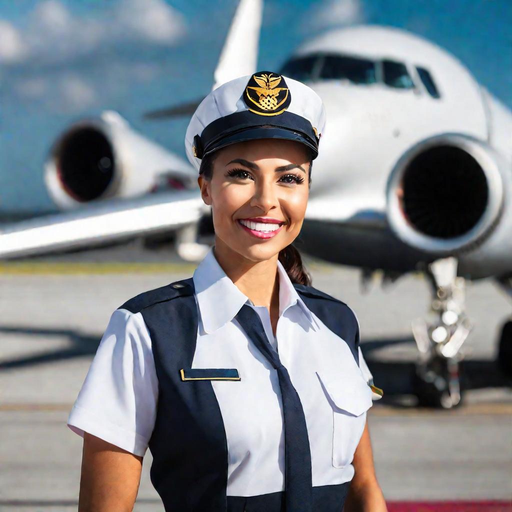 Портрет сотрудницы аэропорта на фоне самолета