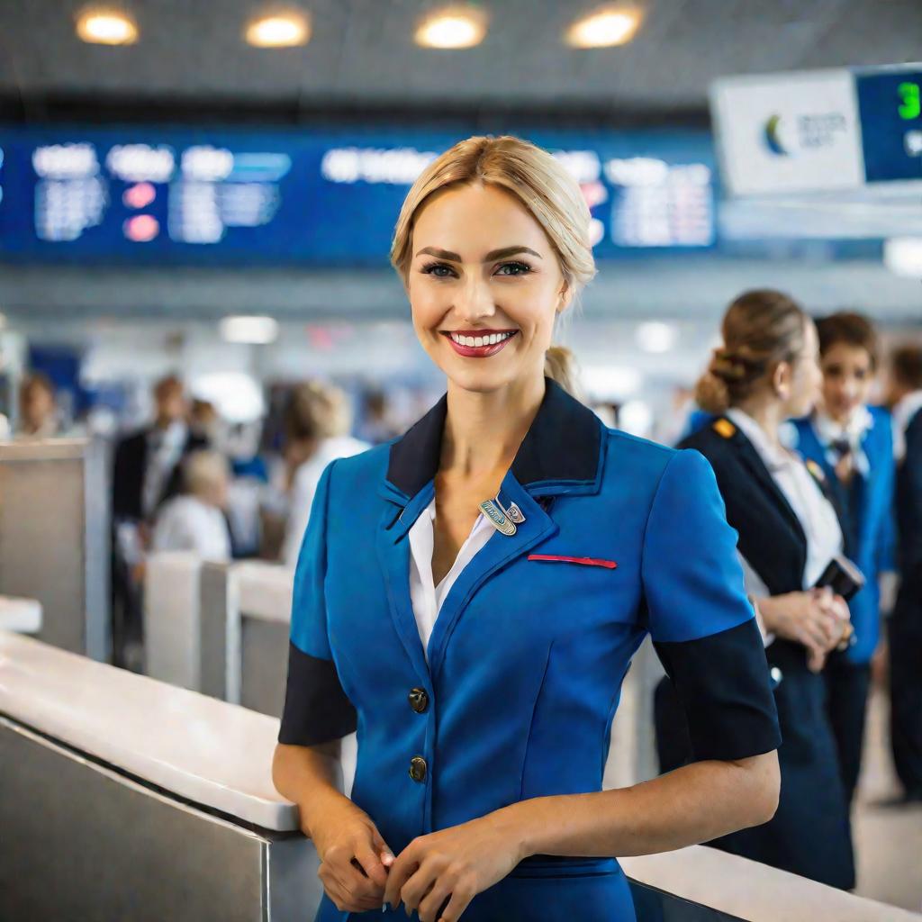 Портрет улыбающейся стюардессы в синей форме за стойкой регистрации в зале отправления аэропорта Липецк во время утренней суеты.