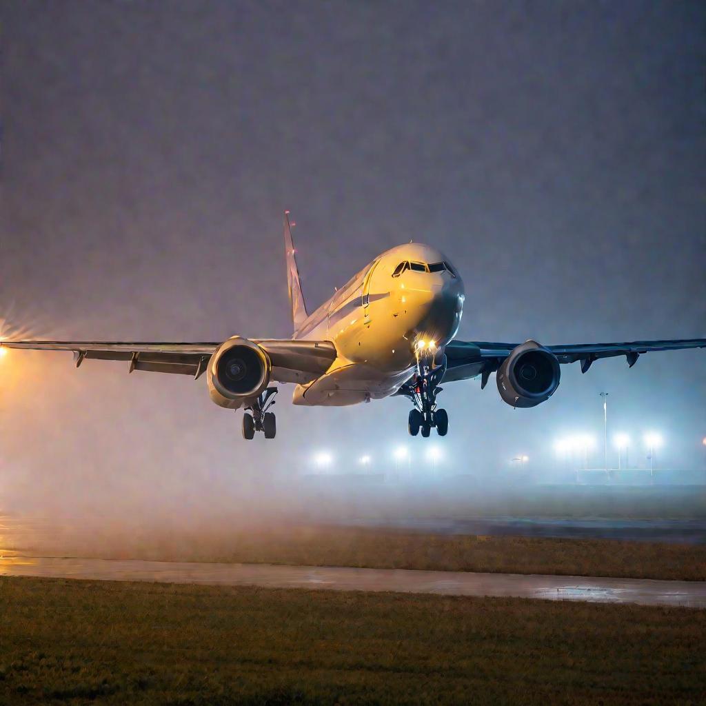 Широкий ракурс взлетающего самолета с взлетной полосы аэропорта Липецк в туманное утро. Огни самолета ярко светятся сквозь туман, пока он разгоняется по полосе.