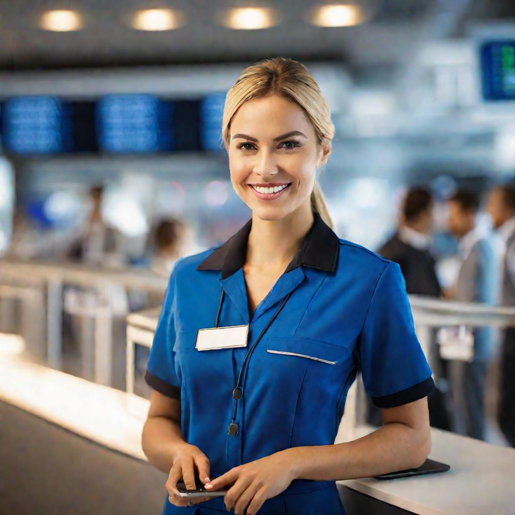 Крупный портрет женщины-сотрудника аэропорта в синей униформе, стоящей за информационной стойкой внутри помещения.