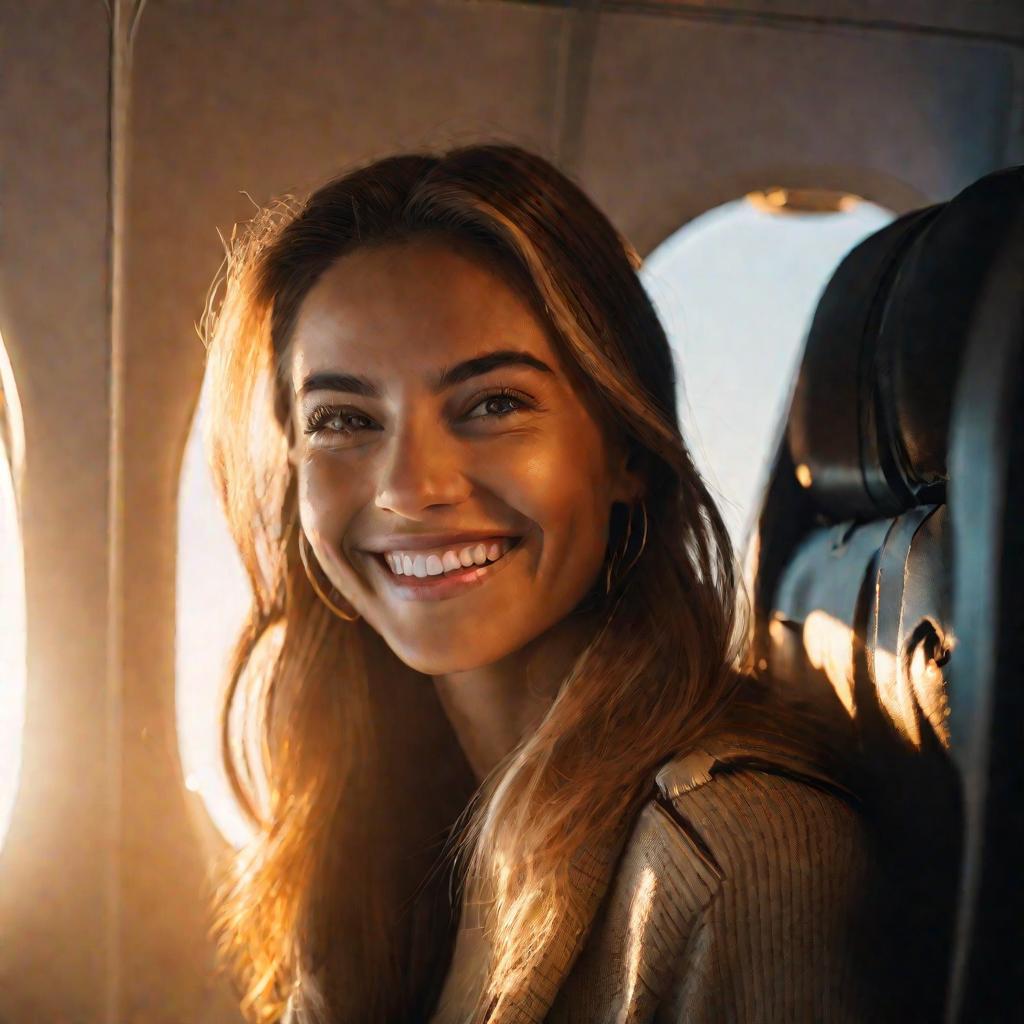 Крупный портрет улыбающейся молодой женщины, смотрящей из иллюминатора самолета на восход солнца. Ее лицо освещено золотистым утренним светом. Она выглядит взволнованной и оптимистичной.