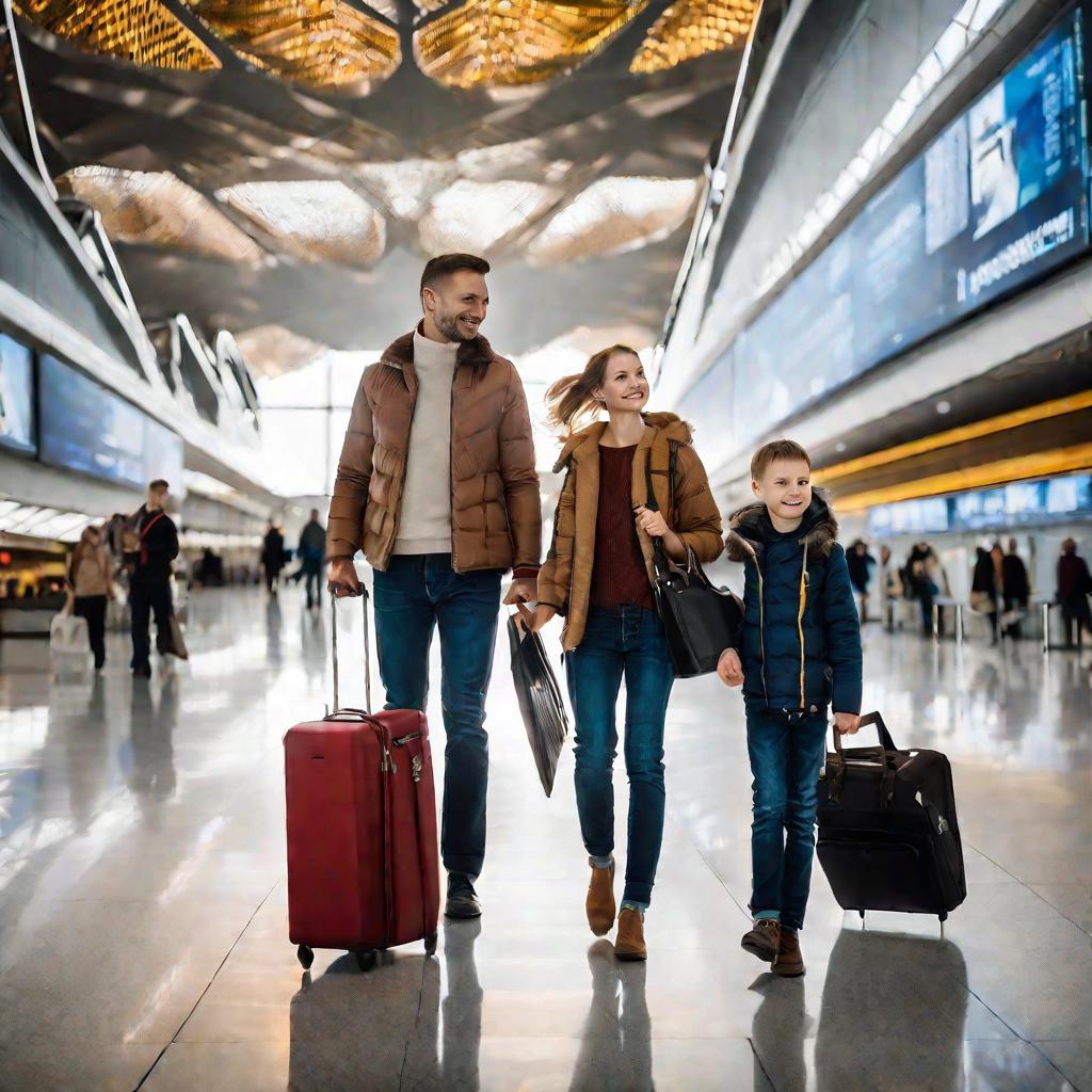 Семья идет по залу аэропорта с чемоданами