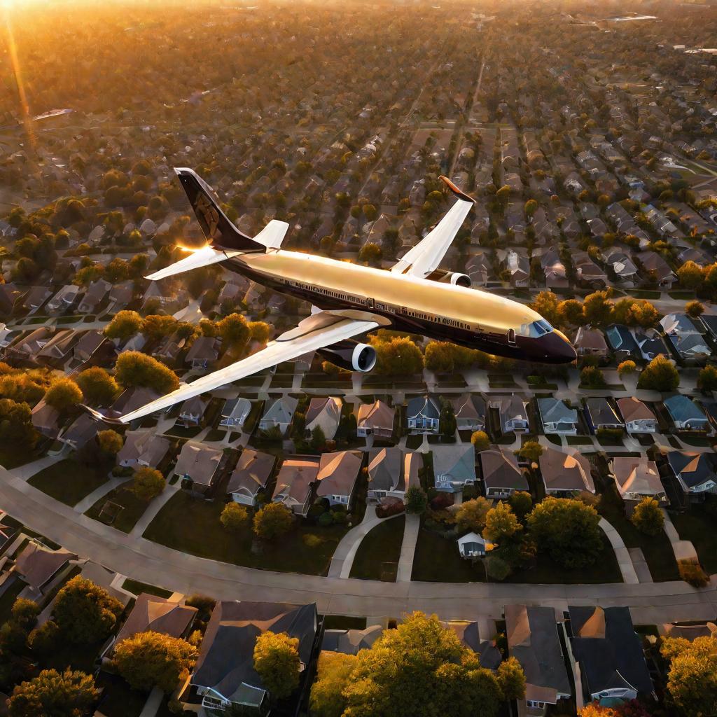 Самолет пролетает над жилыми районами на закате