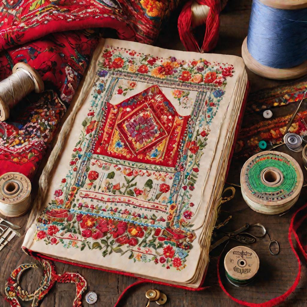 Стол с тканями, выкройками и принадлежностями для пошива сарафана