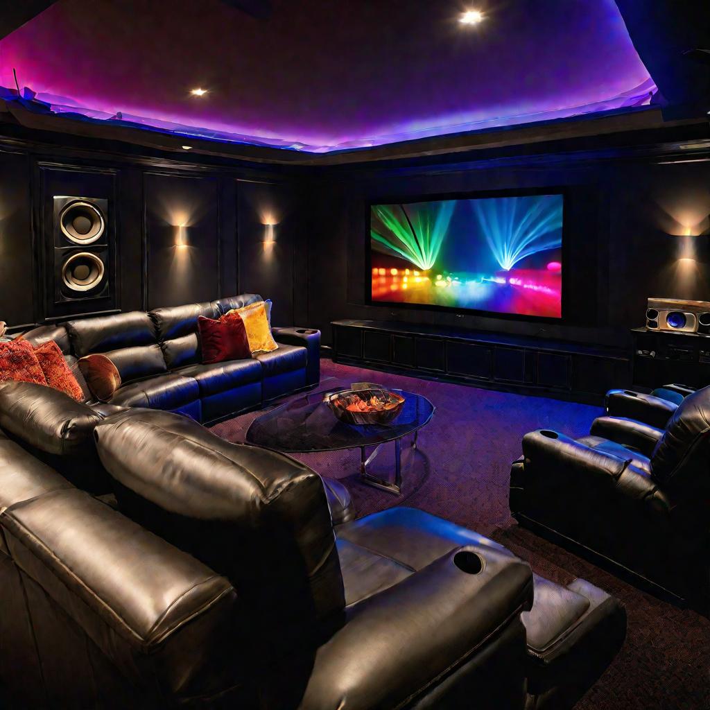 Люди смотрят фильм ночью в домашнем кинотеатре, оптический кабель тянется по полу.