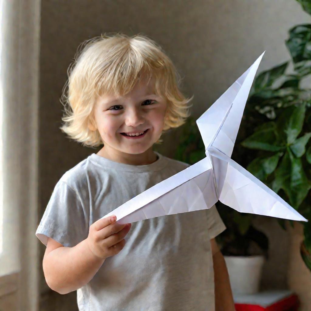 Ребенок держит сделанный им бумеранг оригами