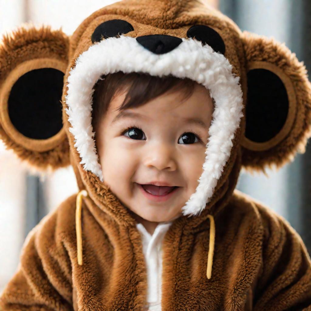 Портрет маленького мальчика в капюшоне обезьянки