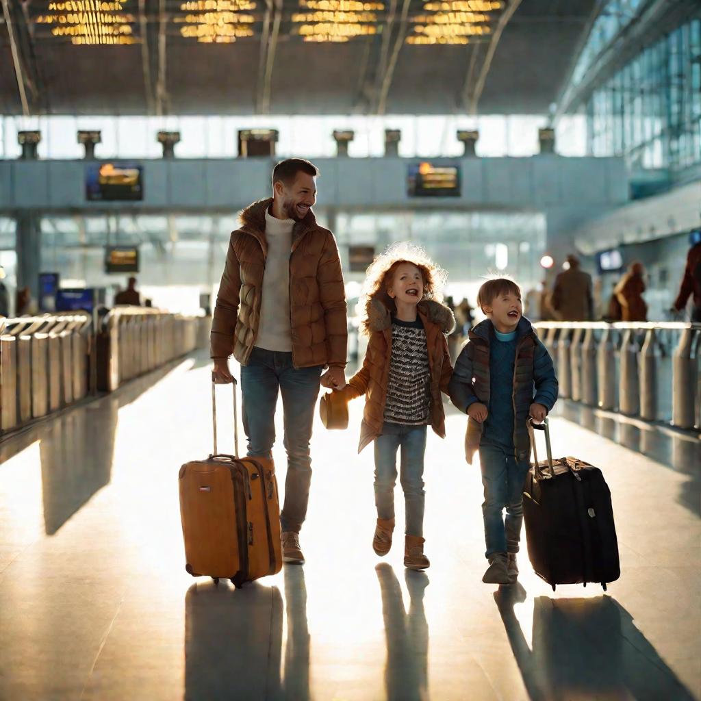 Семья в аэропорту перед отлетом в отпуск