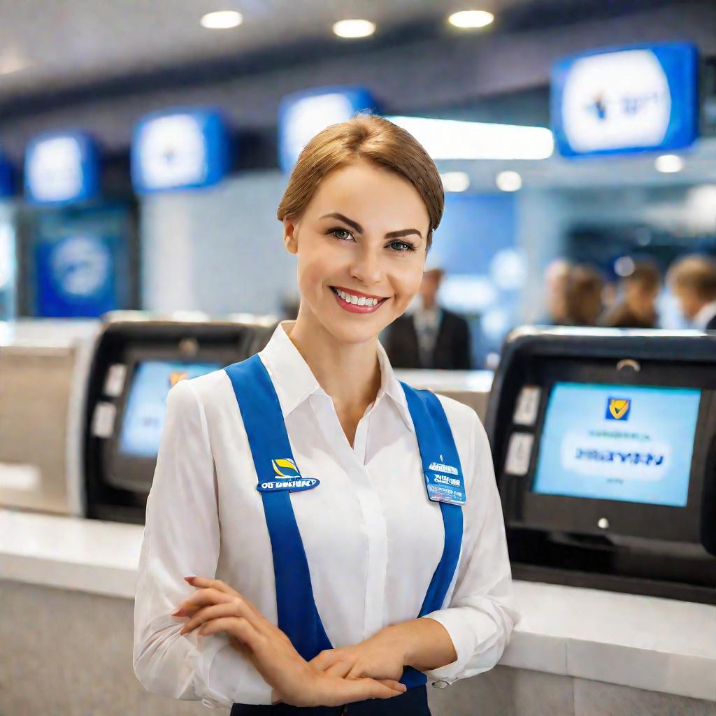 Портрет женщины-сотрудницы аэропорта за стойкой регистрации с улыбкой.