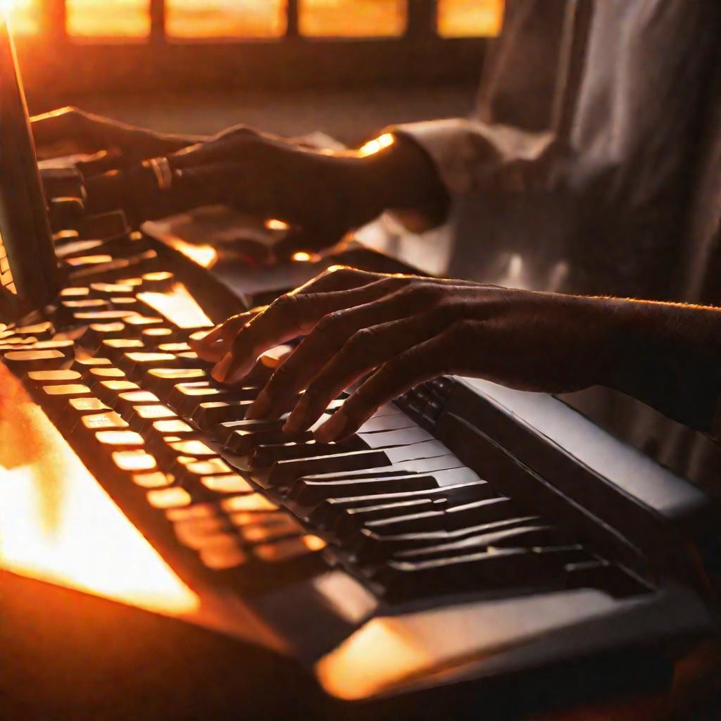Крупный кадр сверху рук, печатающих на клавиатуре на закате с лучами оранжевого золотистого света из окна, освещающими клавиши и создающими теплое сияние над сосредоточенной сценой. Окружающее внутреннее освещение смешивается с яркой подсветкой, создавая 