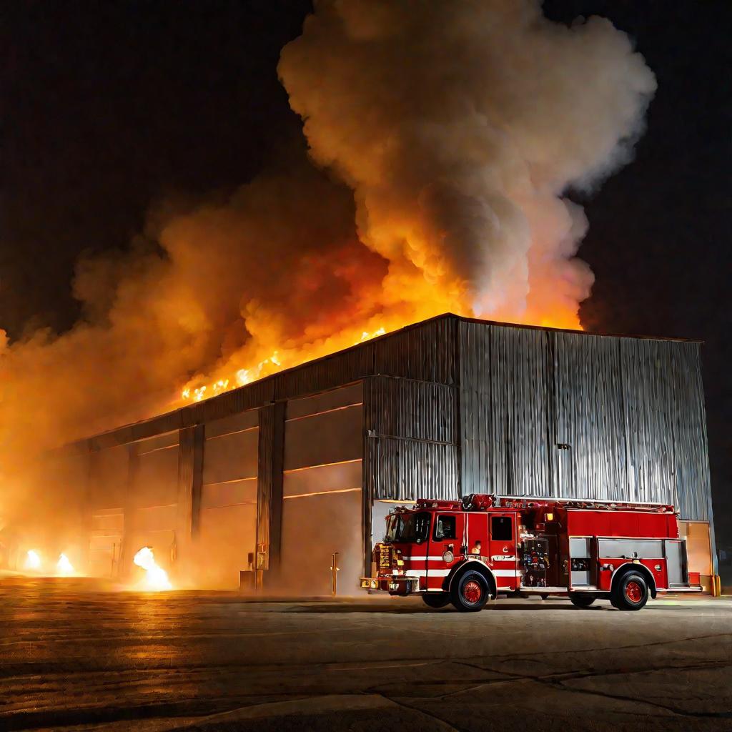 Горящий склад ночью с пожарными машинами.