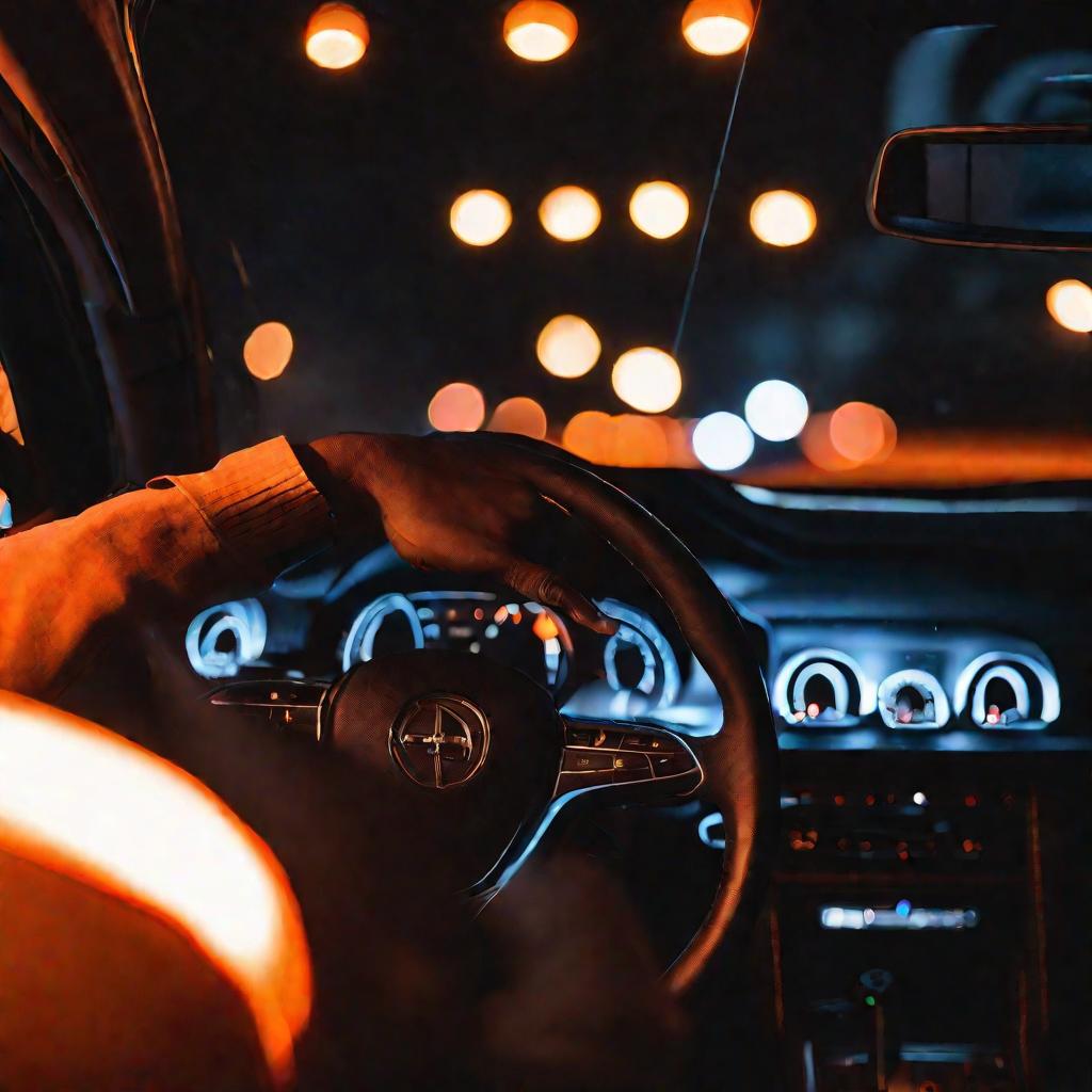 Руки водителя на руле ночью