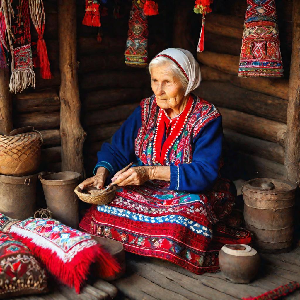 Портрет пожилой чувашской женщины за вышивкой