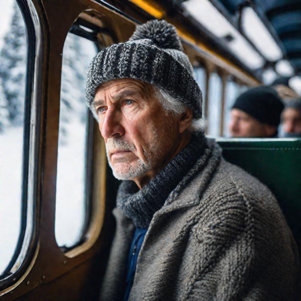 Мужчина смотрит в окно поезда