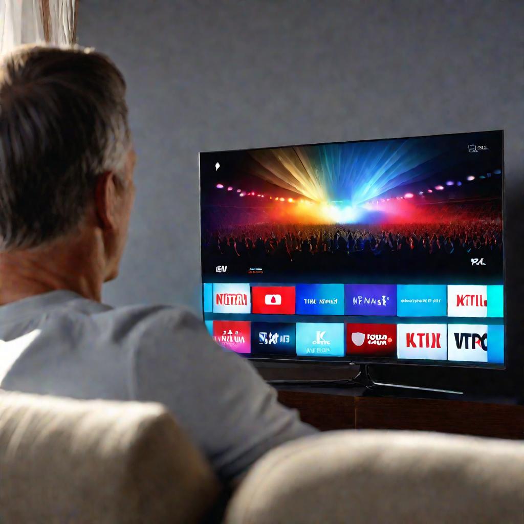 Мужчина на диване с пультом листает каналы на большом телевизоре с логотипом Триколор.