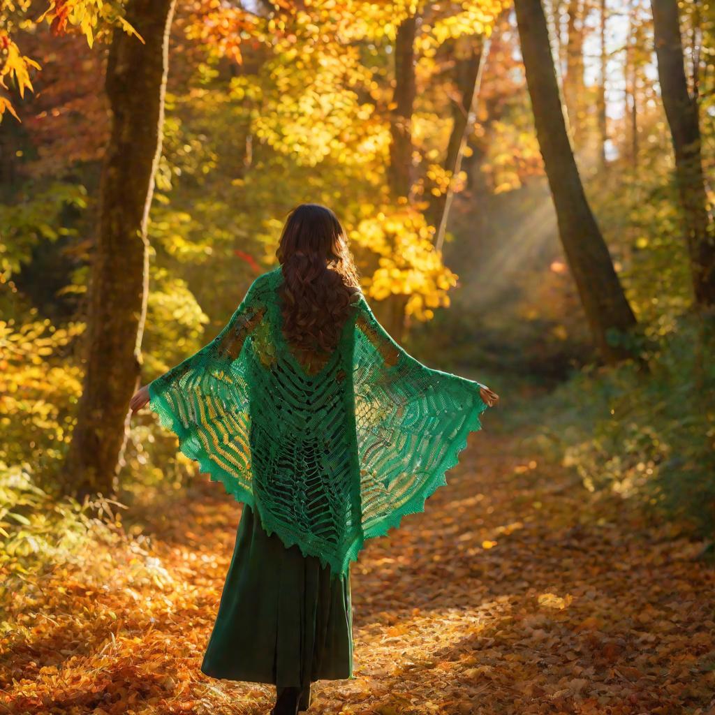 Женщина в шали с узором «паучья сеть» идет по лесу осенью