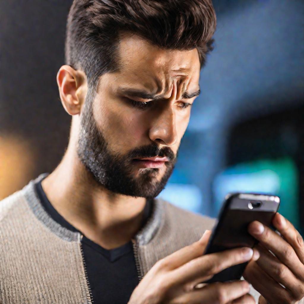 Мужчина смотрит на ошибку процесса gapps на смартфоне