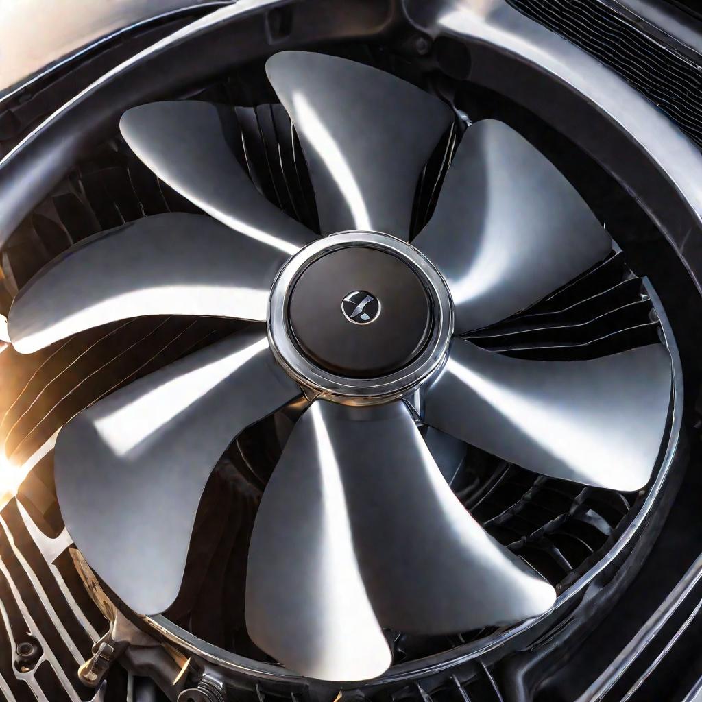 Близкий кадр крыльчатки вентилятора охлаждения автомобильного двигателя
