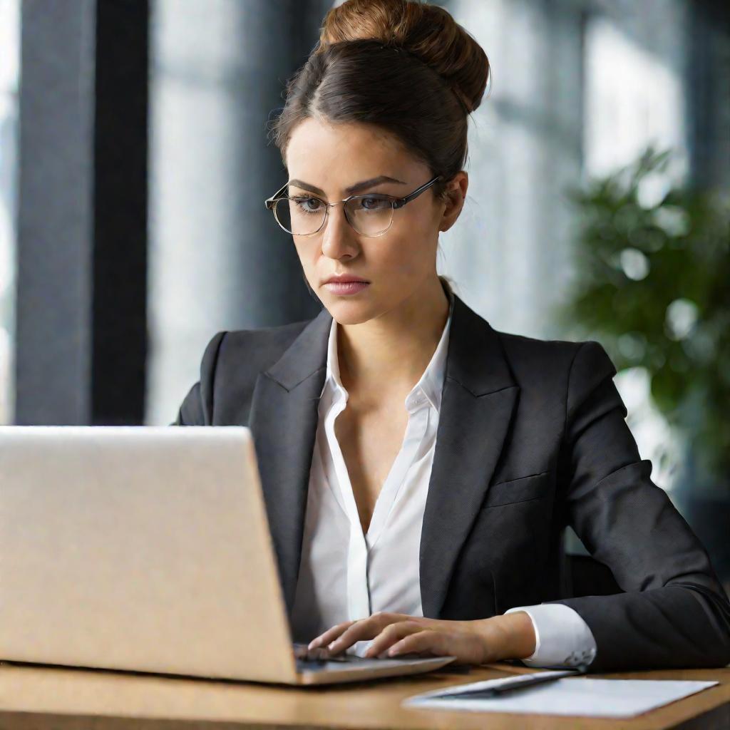 Крупный портрет молодой женщины в деловом костюме, сосредоточенно смотрящей в экран ноутбука, сидя за столом в офисе в мягком естественном освещении от окна рядом.