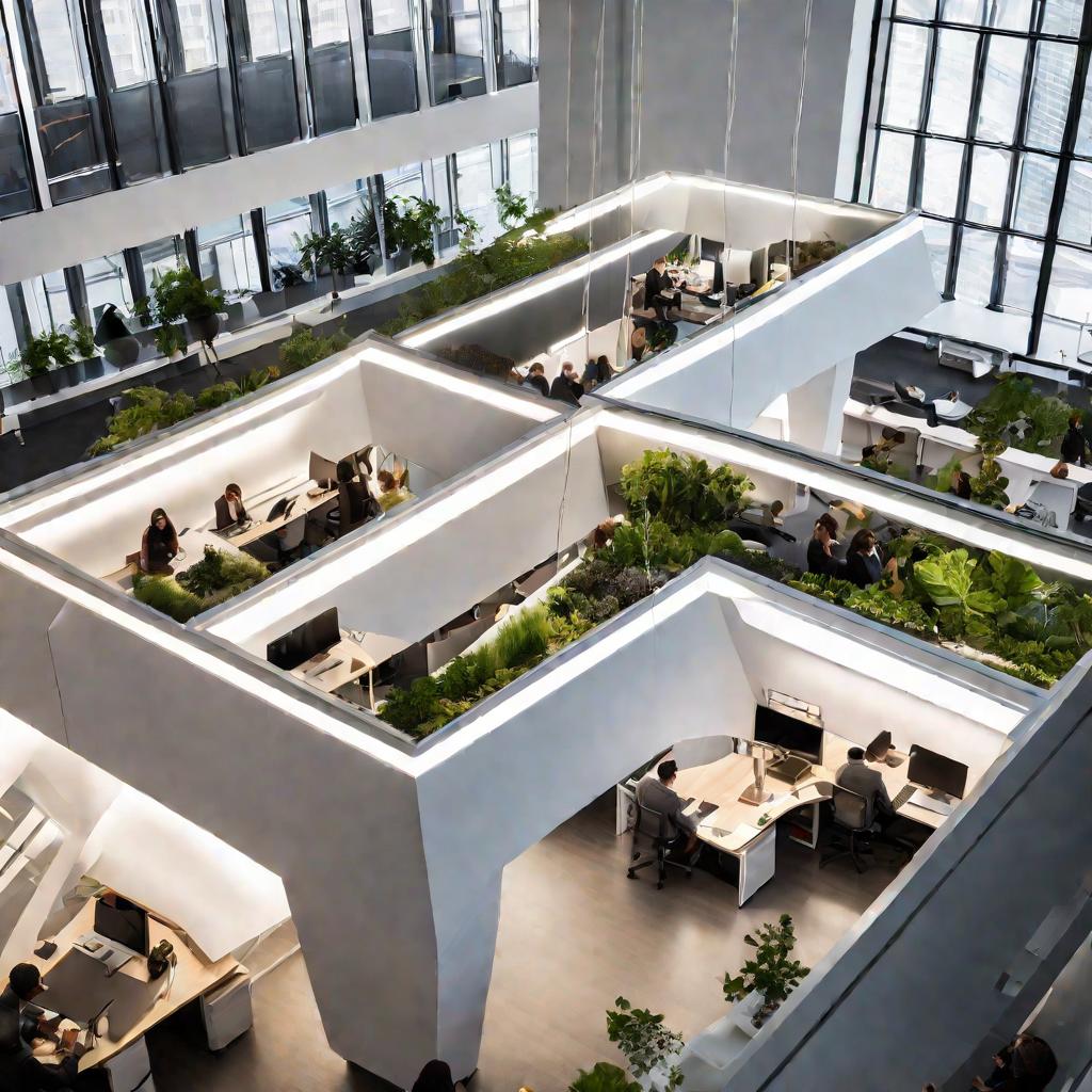 Вид сверху на современный минималистичный офис, где много сотрудников работают за столами и коллаборируют в группах, в светлом воздушном освещении от больших окон, создающем энергичную атмосферу.