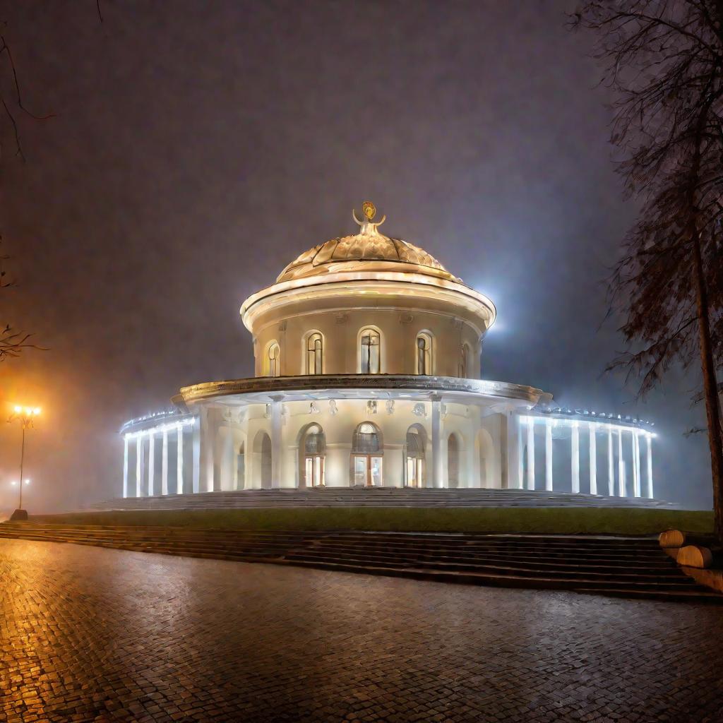 Широкий вид на здание Зимнего театра в туманный вечер