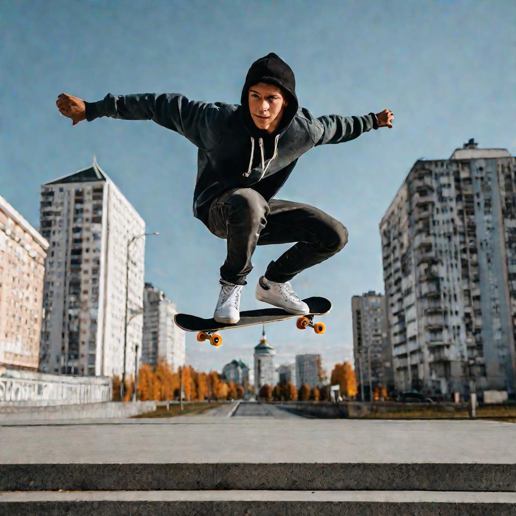 Портрет молодого человека, делающего трюк на скейтборде на Октябрьской площади в Екатеринбурге
