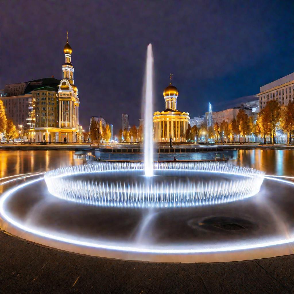 Ночной длинный экспозиционный снимок фонтана на Октябрьской площади в Екатеринбурге