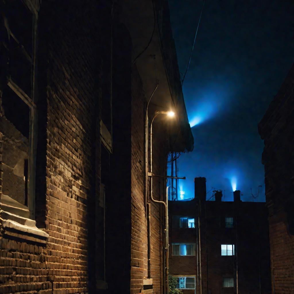 Мрачный вид снизу вверх на ряд жилых домов ночью. Газовый счетчик G4 установлен на кирпичной стене на переднем плане, слабо светясь пульсирующим неоново-голубым светом, сигнализируя об аварийном отключении. Вдали видны освещенные окна здания, внутри едва 