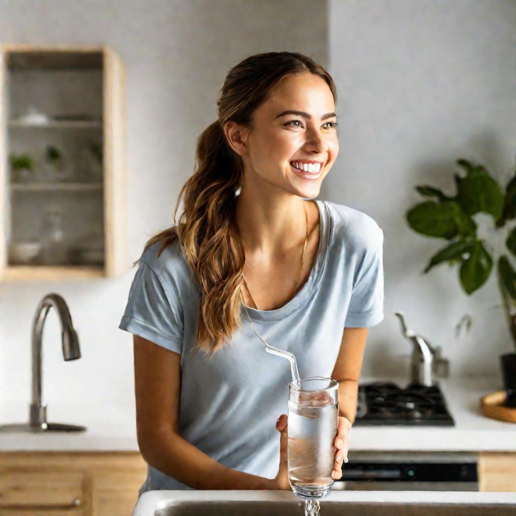 Портрет молодой женщины пьет фильтрованную воду из кухонного крана
