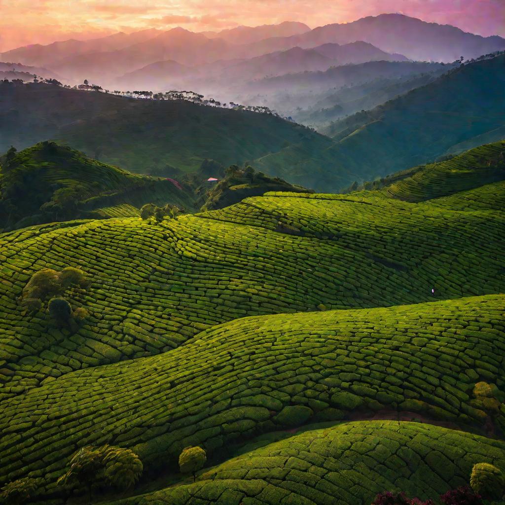 Чайная плантация на закате в Индии