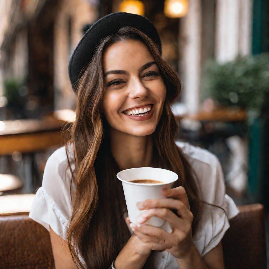 Портрет улыбающейся женщины в кафе в Риме