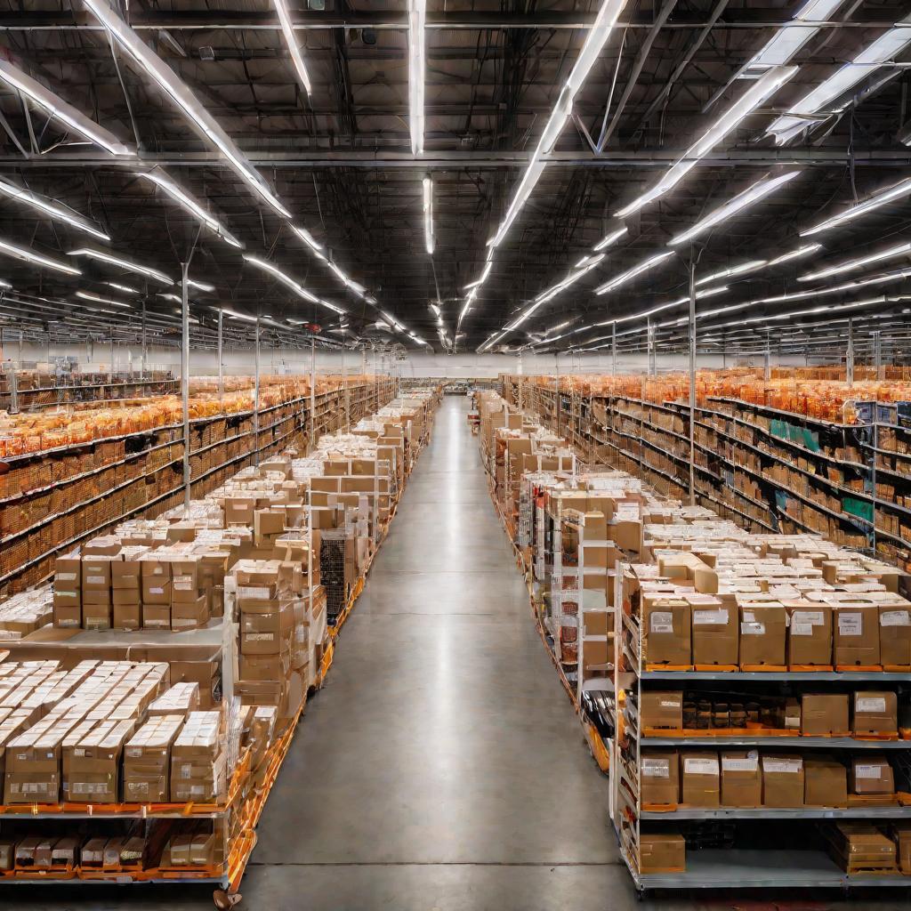 Широкий вид сверху на огромный складской зал, заполненный длинными рядами полок с разными товарами. Люди катят тележки по проходам между стеллажей.