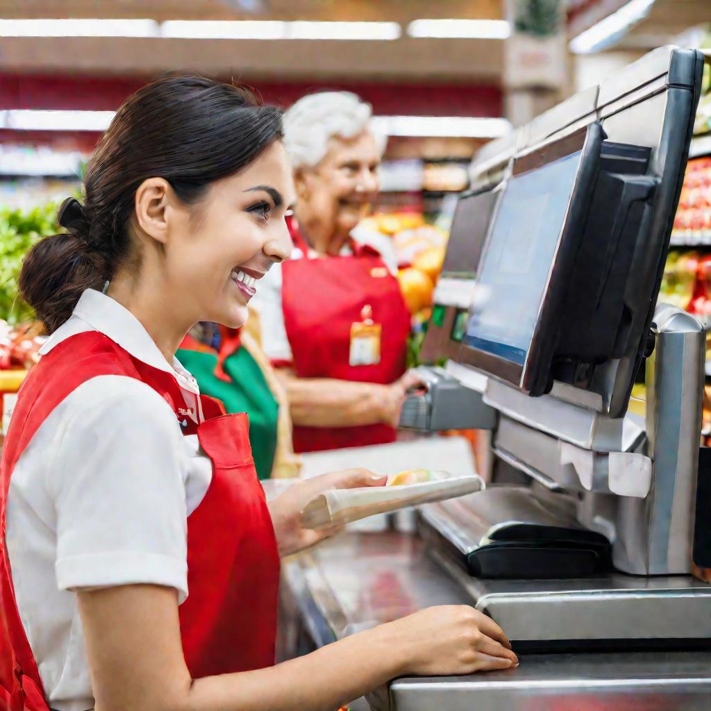 Крупным планом улыбающаяся женщина-кассир в красной униформе на кассе гипермаркета Ашан.