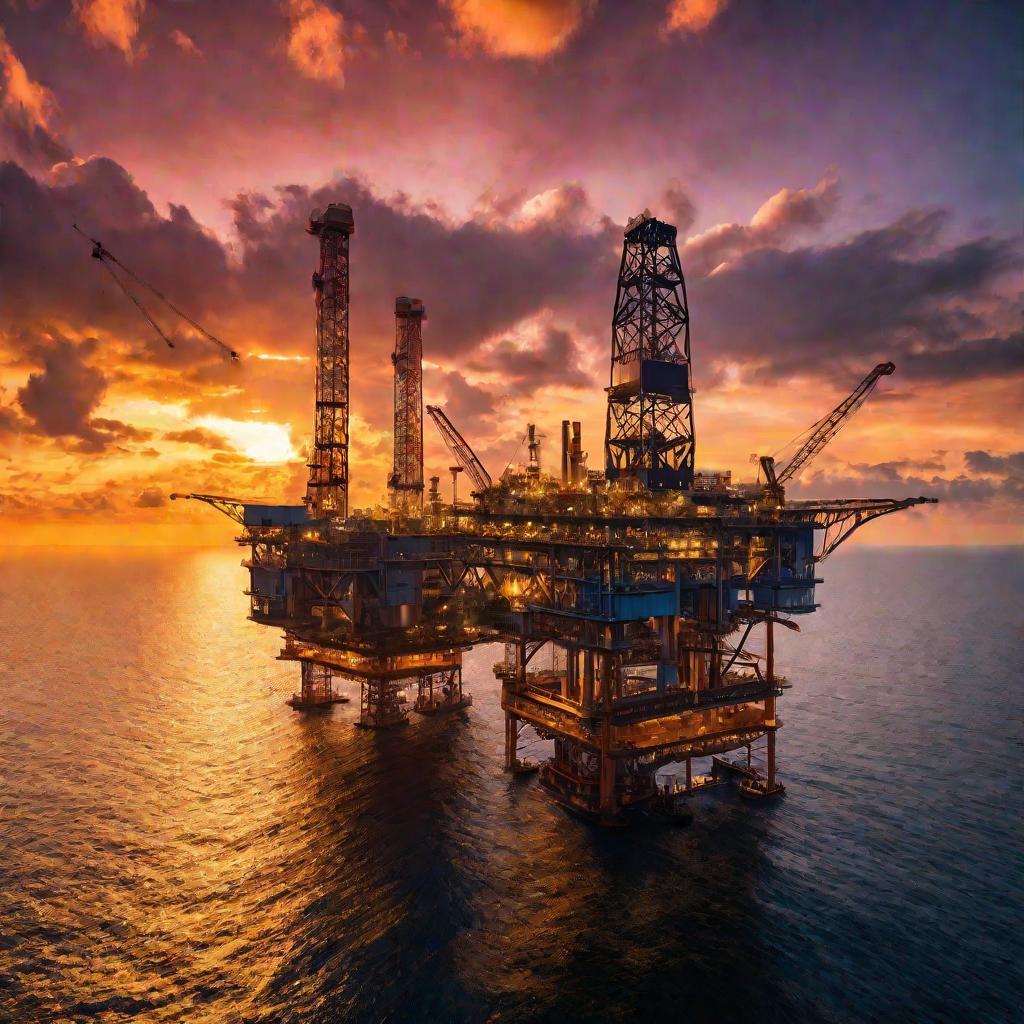Вид сверху на нефтяную вышку в море на закате