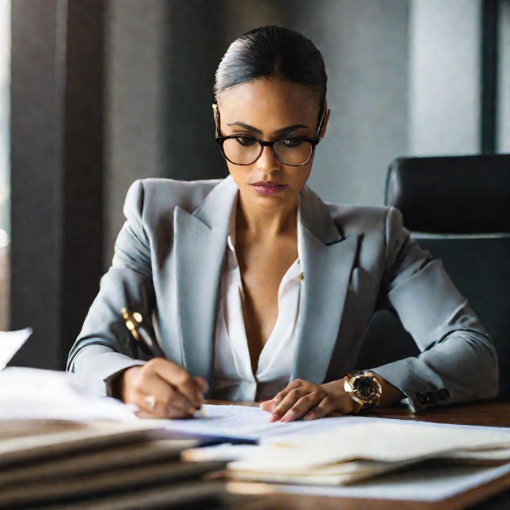 Крупный портрет женщины в очках и костюме, сидящей за столом в офисе, смотрящей на документы и держащей ручку, с сосредоточенным и серьезным выражением лица. Мягкий естественный свет падает из окна позади нее