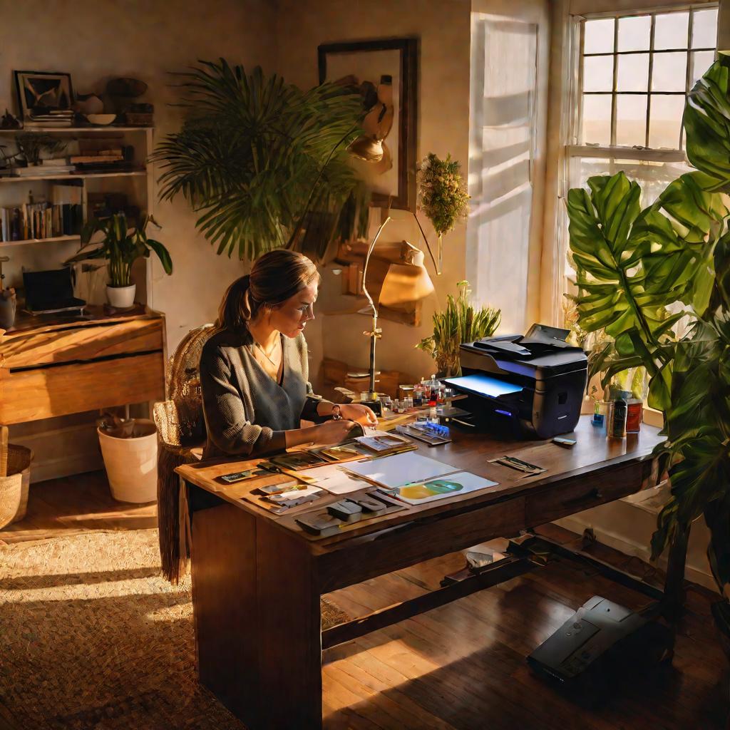 Женщина, сидящая за рабочим столом дома, разбирает цветные картриджи HP 650 для заправки
