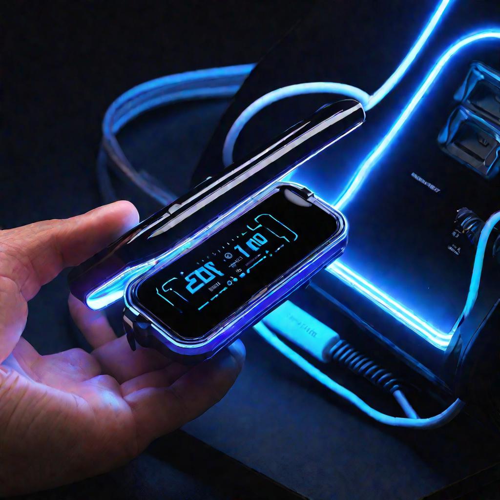 В руке зарядное устройство Т-1021, снизу голубой неоновый свет